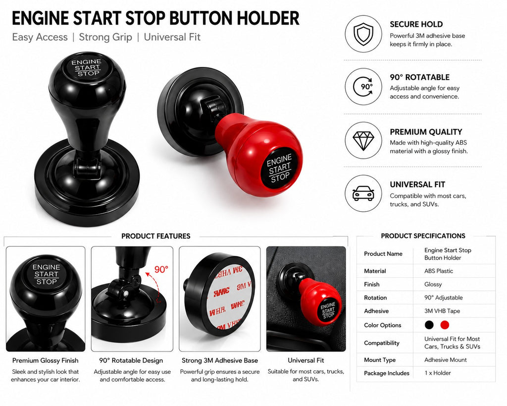 Car Start Stop Button Cover – Universal Push Start Engine Button Knob, Black & Red