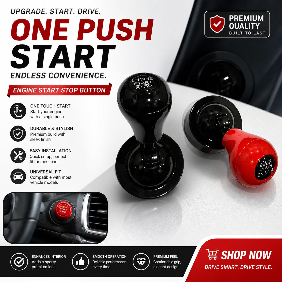 Car Start Stop Button Cover – Universal Push Start Engine Button Knob, Black & Red