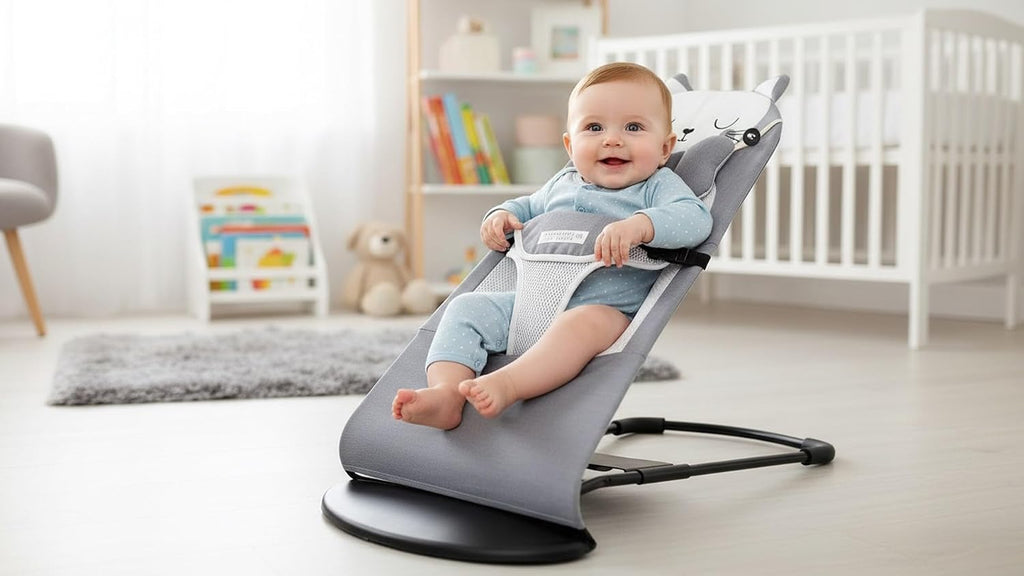 Baby Bouncer Chair with Cat Design – Grey, Breathable Mesh, Adjustable Recline