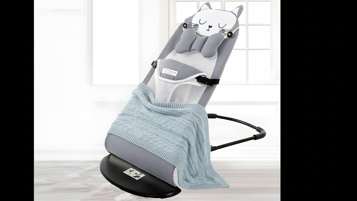 Baby Bouncer Chair with Cat Design – Grey, Breathable Mesh, Adjustable Recline