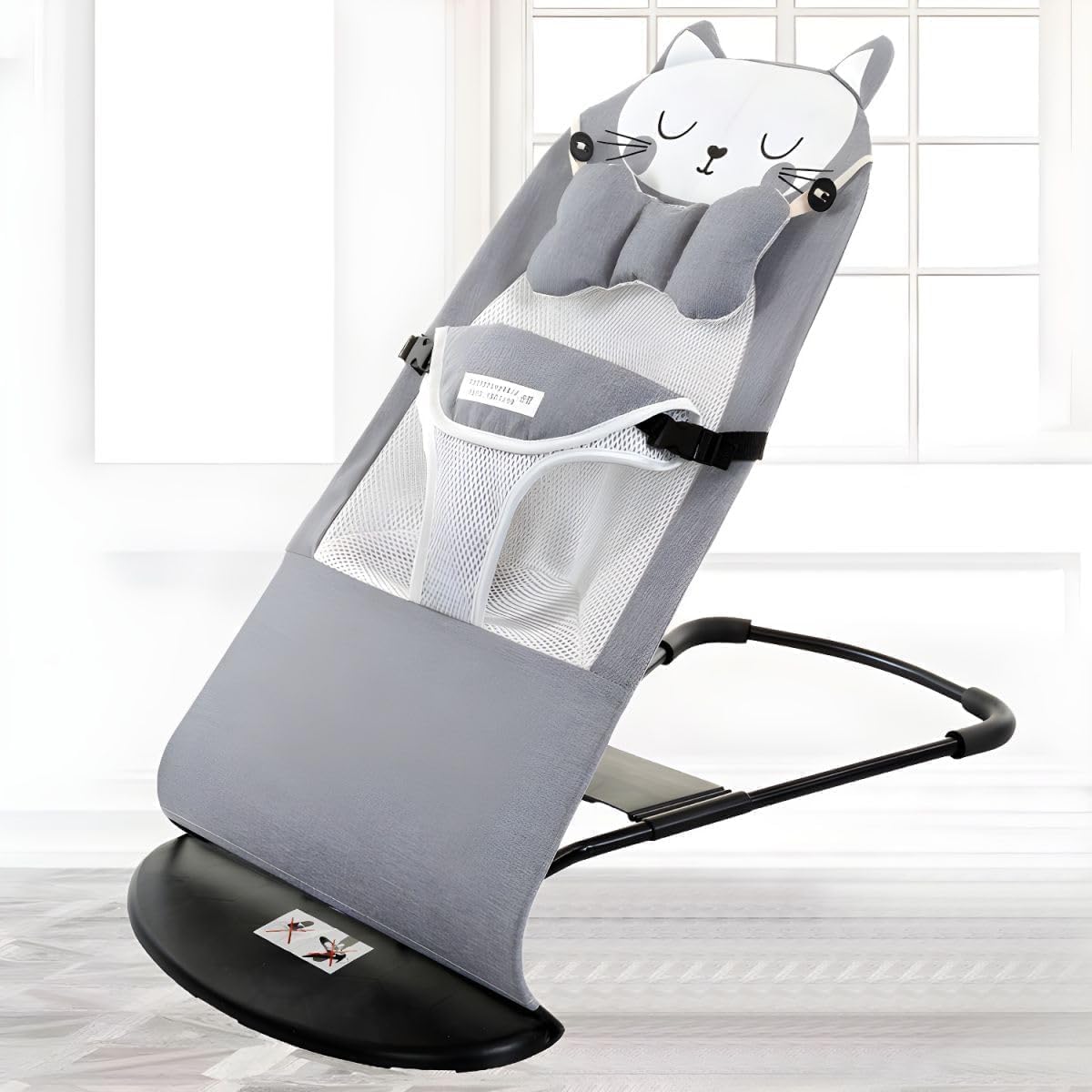 Baby Bouncer Chair with Cat Design – Grey, Breathable Mesh, Adjustable Recline
